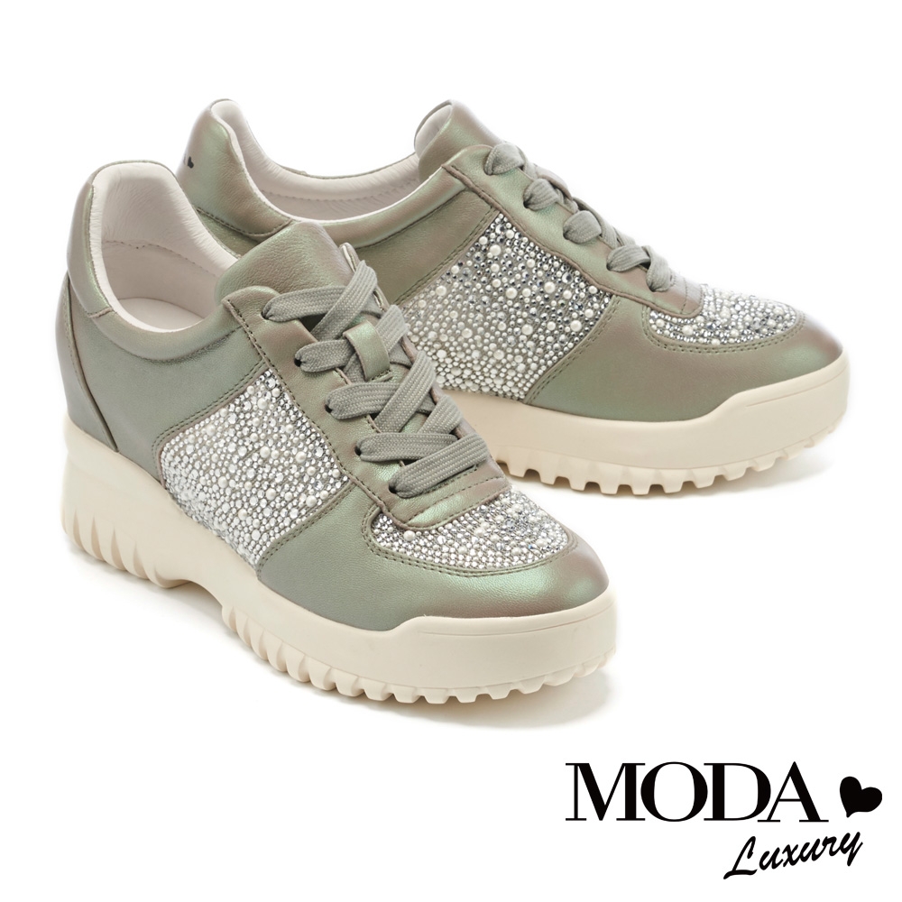 休閒鞋 MODA Luxury 時尚閃耀拼接水鑽珍珠內增高休閒鞋－灰