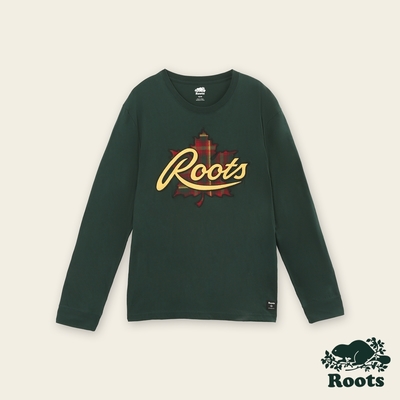 Roots男裝-經典小木屋系列 格紋刺繡長袖T恤-深綠色