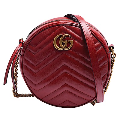 GUCCI 經典GG仿舊金色雙G LOGO 山字車紋小牛皮圓形拉鍊斜背包(芙蓉紅色)