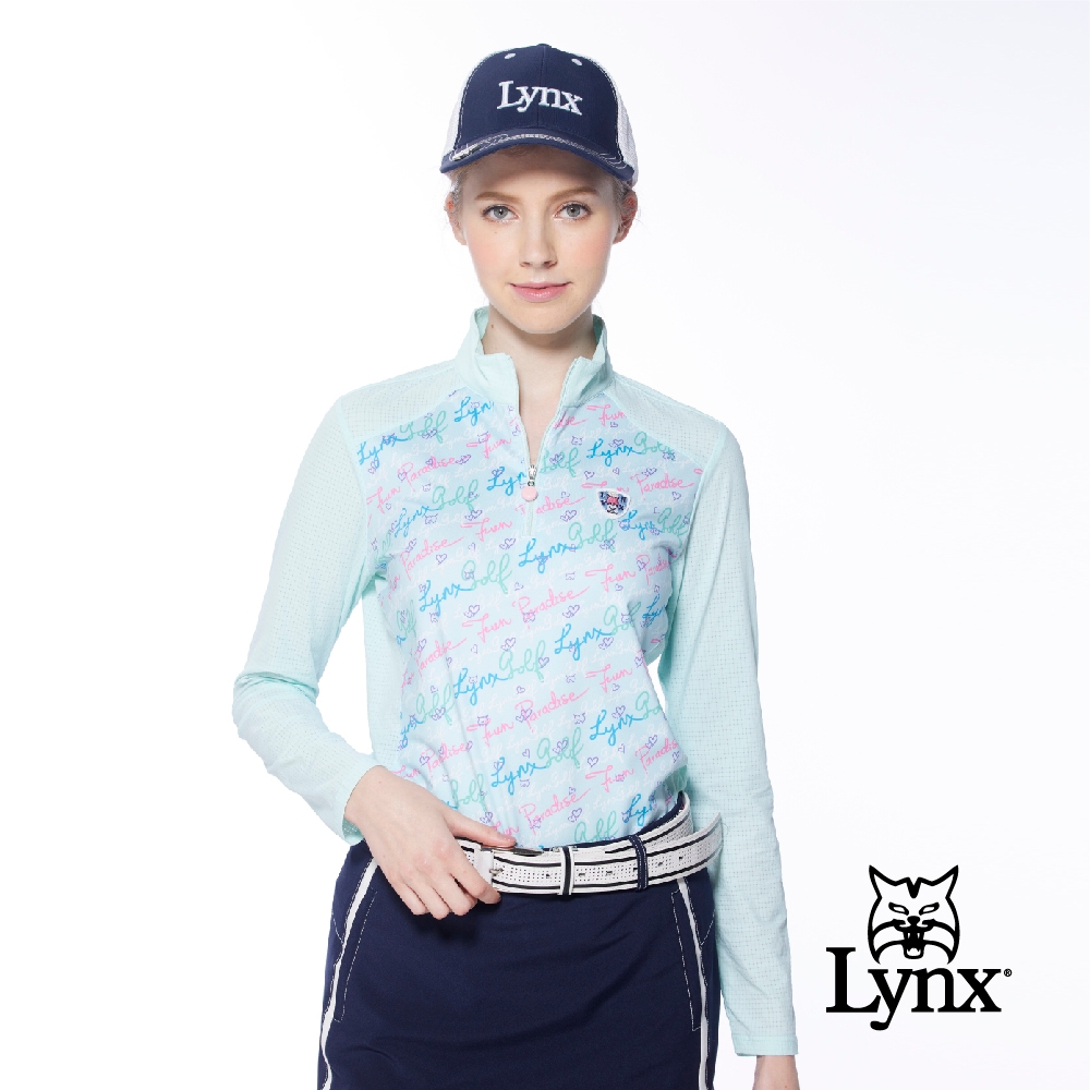 【Lynx Golf】女款吸排合身版易溶紗材質Lynx印花盾型織標長袖立領POLO衫/高爾夫球衫-淺綠色