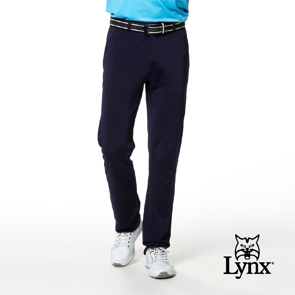 【Lynx Golf】男款日本進口布料隱形拉鍊微窄管平口休閒長褲-深藍色