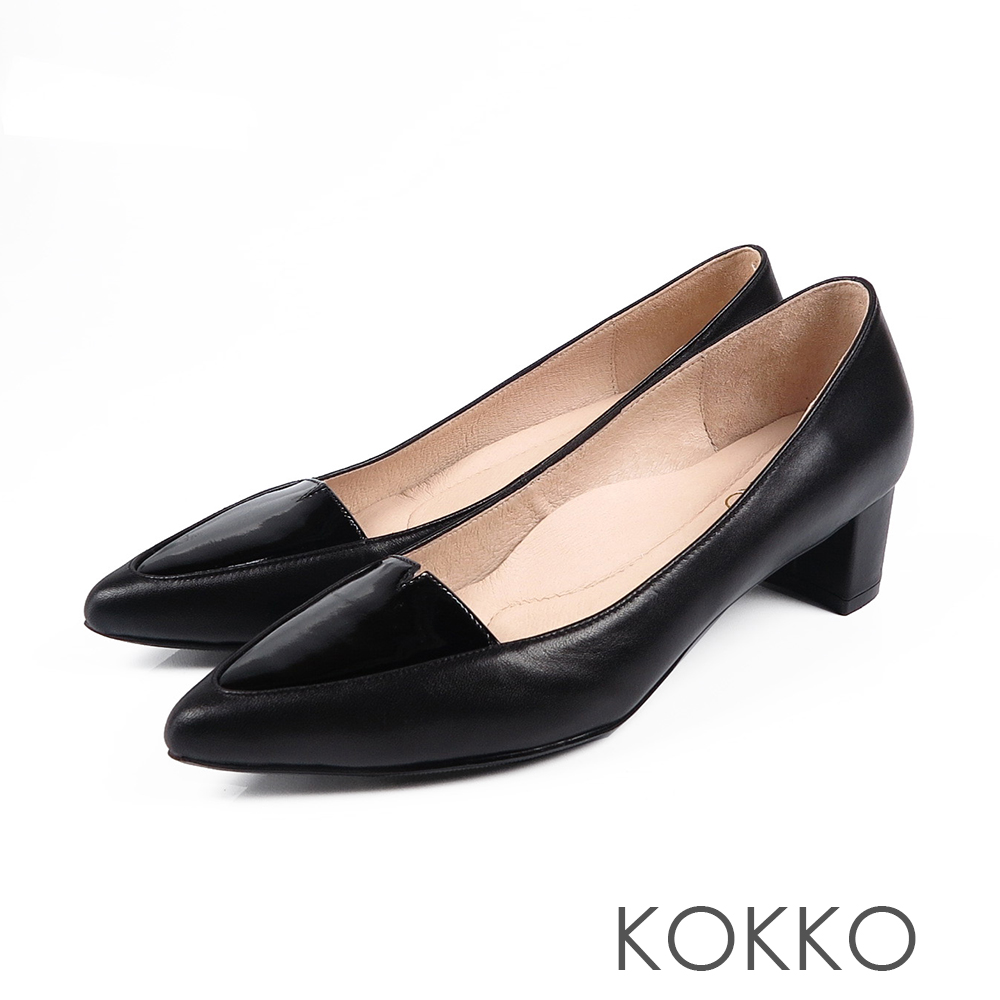 KOKKO-日本同步異材尖頭小V真皮粗跟-黑