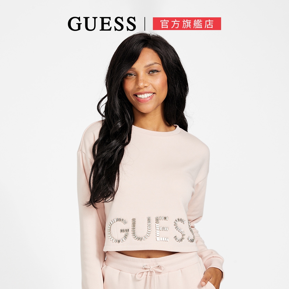 【GUESS】水鑽字母LOGO短版長袖-兩色任選