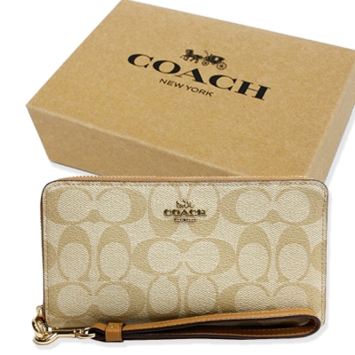 COACH 經典C LOGO手掛式零錢袋長夾禮盒(米白/奶茶)