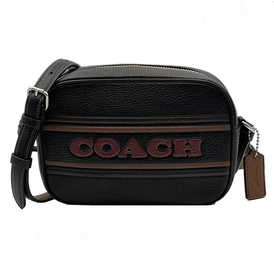 COACH 字母LOGO素面牛皮斜背小相機包(黑)