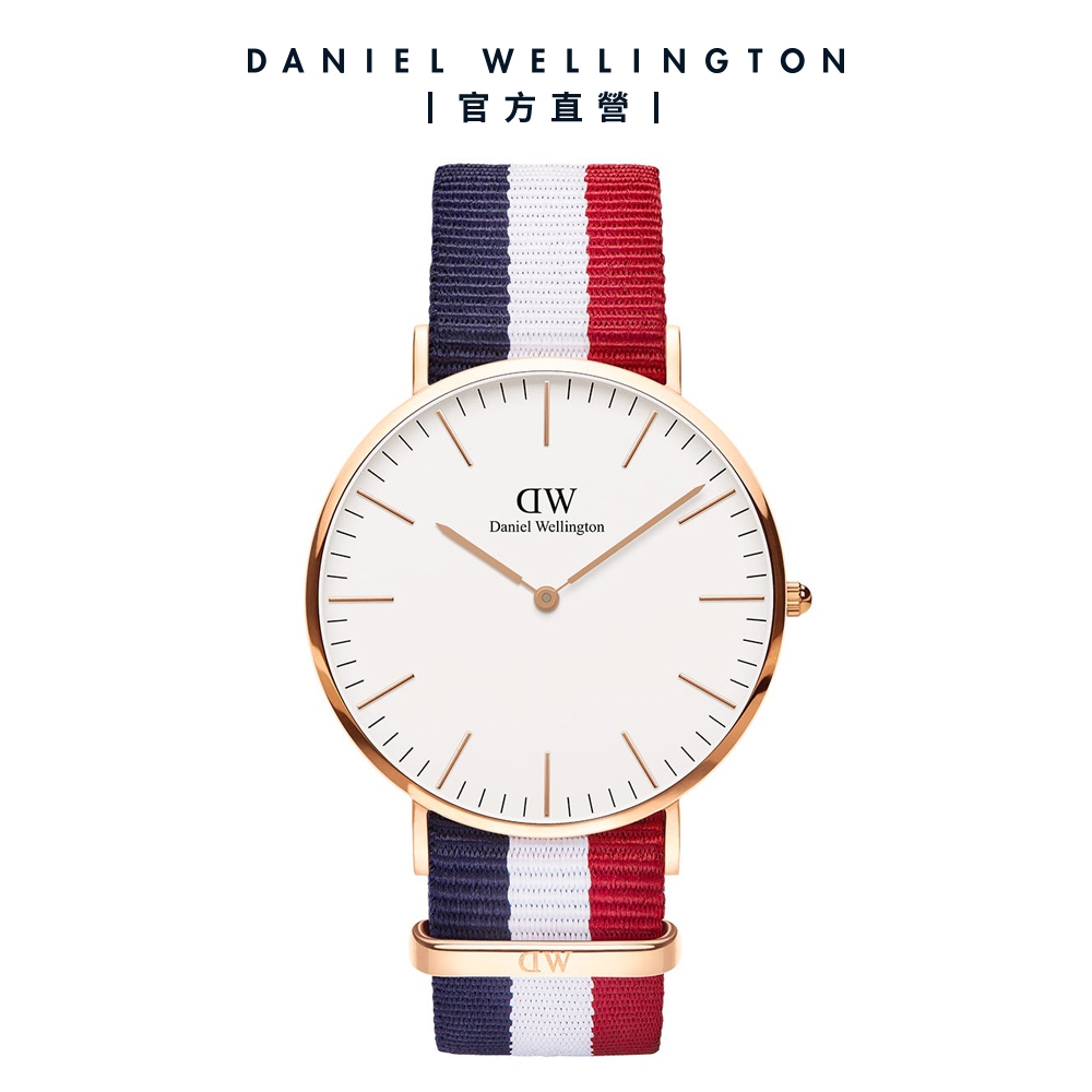 Daniel Wellington DW 手錶 Classic Cambridge 40mm經典藍白紅織紋錶-白錶盤-玫瑰金框 DW00100003