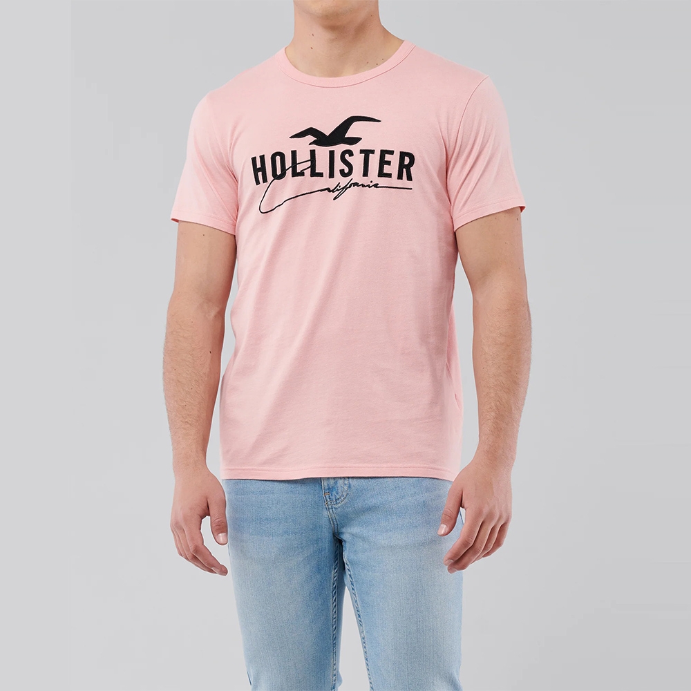 Hollister 經典刺繡大海鷗文字短袖T恤-粉橘色