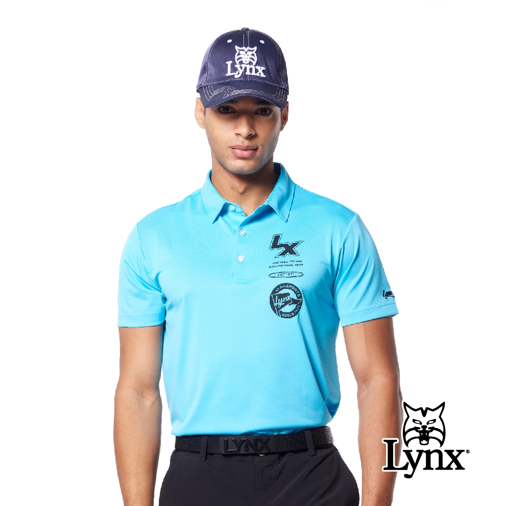 【Lynx Golf】男款吸濕排汗抗UV機能印花造型Lynx字樣繡花短袖POLO衫/高爾夫球衫-中藍色