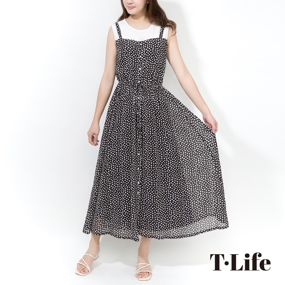 T.Life 簡約日系假兩件點點無袖洋裝-有裡布(1色)