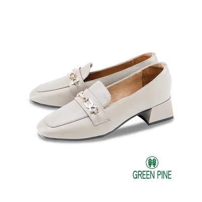 GREEN PINE時髦鎖鏈全真皮粗跟樂福鞋灰色(00323225)