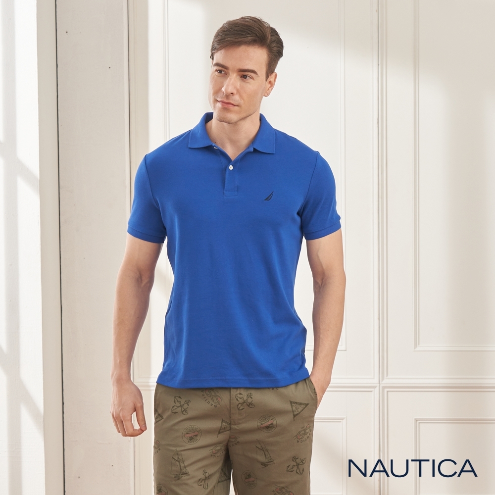 Nautica簡約素色純棉短袖POLO衫-寶藍