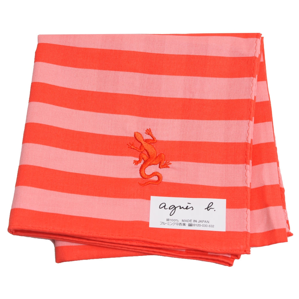 agnes b 條紋品牌蜥蜴圖騰LOGO刺繡帕領巾(橘紅/粉紅底)