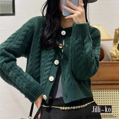 JILLI-KO 復古麻花造型短款圓領針織開衫外套- 深綠/杏