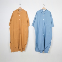 【Dailo】自然風仿麻紋理長版長袖襯衫 藍 駝
