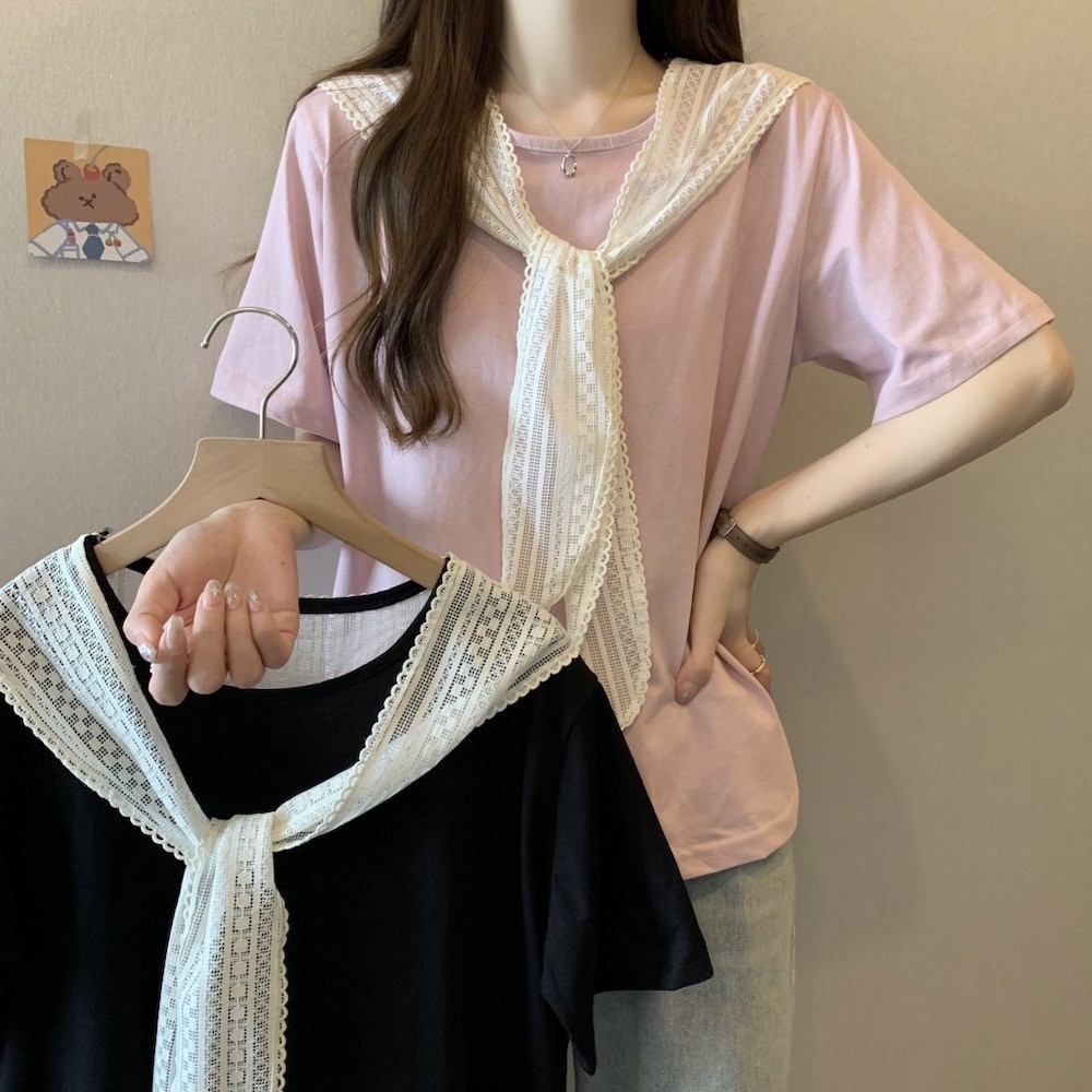 中大尺碼法式假兩件蕾絲領巾拼接圓領棉質T恤造型上衣L~4L-Ballet Dolly