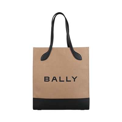 BALLY Bar黑字LOGO帆布拼接皮革手提托特包(沙x黑)