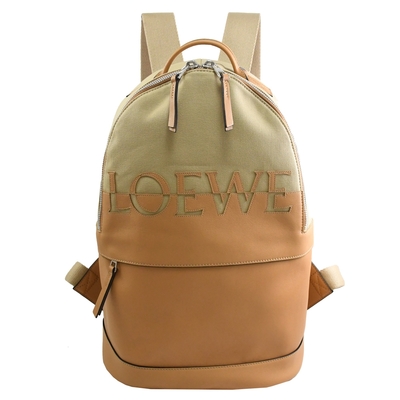 LOEWE Round 皮飾拼接LOGO帆布拼接拉鍊雙肩大後背包(卡其/淺棕)