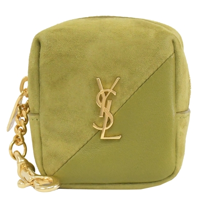 YSL Saint Laurent金屬LOGO素色羊皮方形零錢包(草綠)