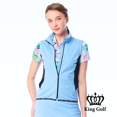 【KING GOLF】女款刺繡LOGO印圖異色剪接防風薄款立領拉鍊背心外套-藍色