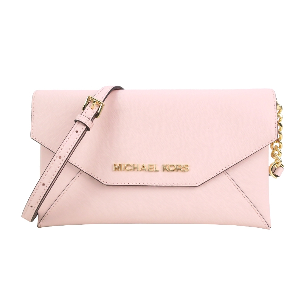 MICHAEL KORS JET SET 金字鍊帶信封斜背包-櫻花粉