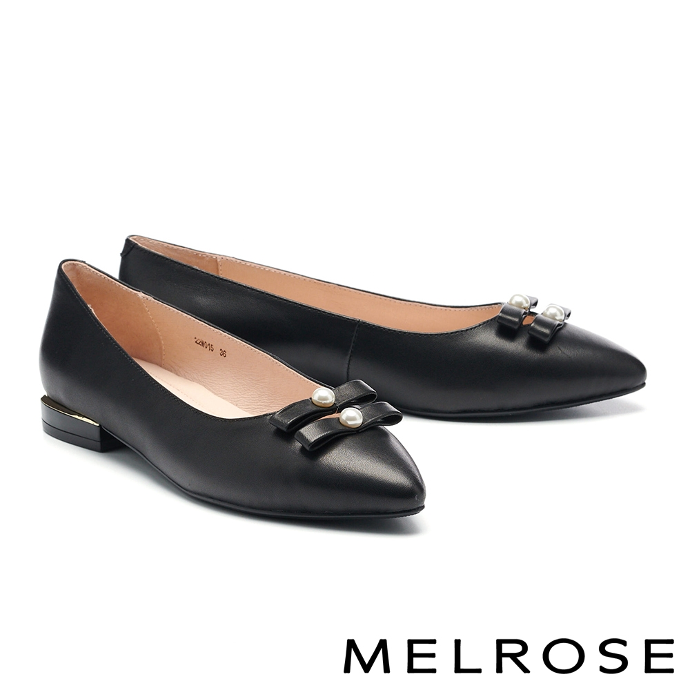 低跟鞋 MELROSE 質感簡約珍珠蝴蝶結全真皮尖頭低跟鞋－黑