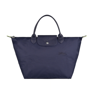 LONGCHAMP LE PLIAGE GREEN刺繡LOGO再生尼龍摺疊款短把拉鍊手提包(中/藏青藍x藏青藍)