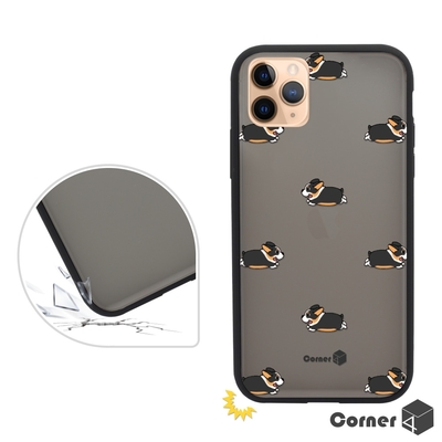 Corner4 iPhone 11 Pro Max 6.5吋柔滑觸感軍規防摔手機殼-跑跑黑柯基(黑殼)