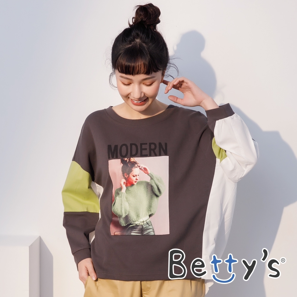 betty’s貝蒂思　人像印花拼接造型T-shirt(綠袖子)