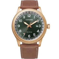 CITIZEN 星辰 光動能復古風紳士手錶 迎春好禮-玫瑰金x綠 BM7483-15X