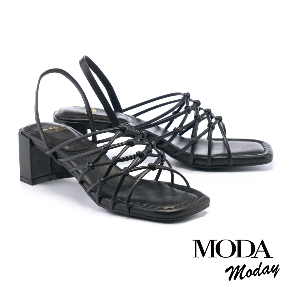 涼鞋 MODA MODAY  簡約交叉線條羊皮方頭粗跟涼鞋－黑