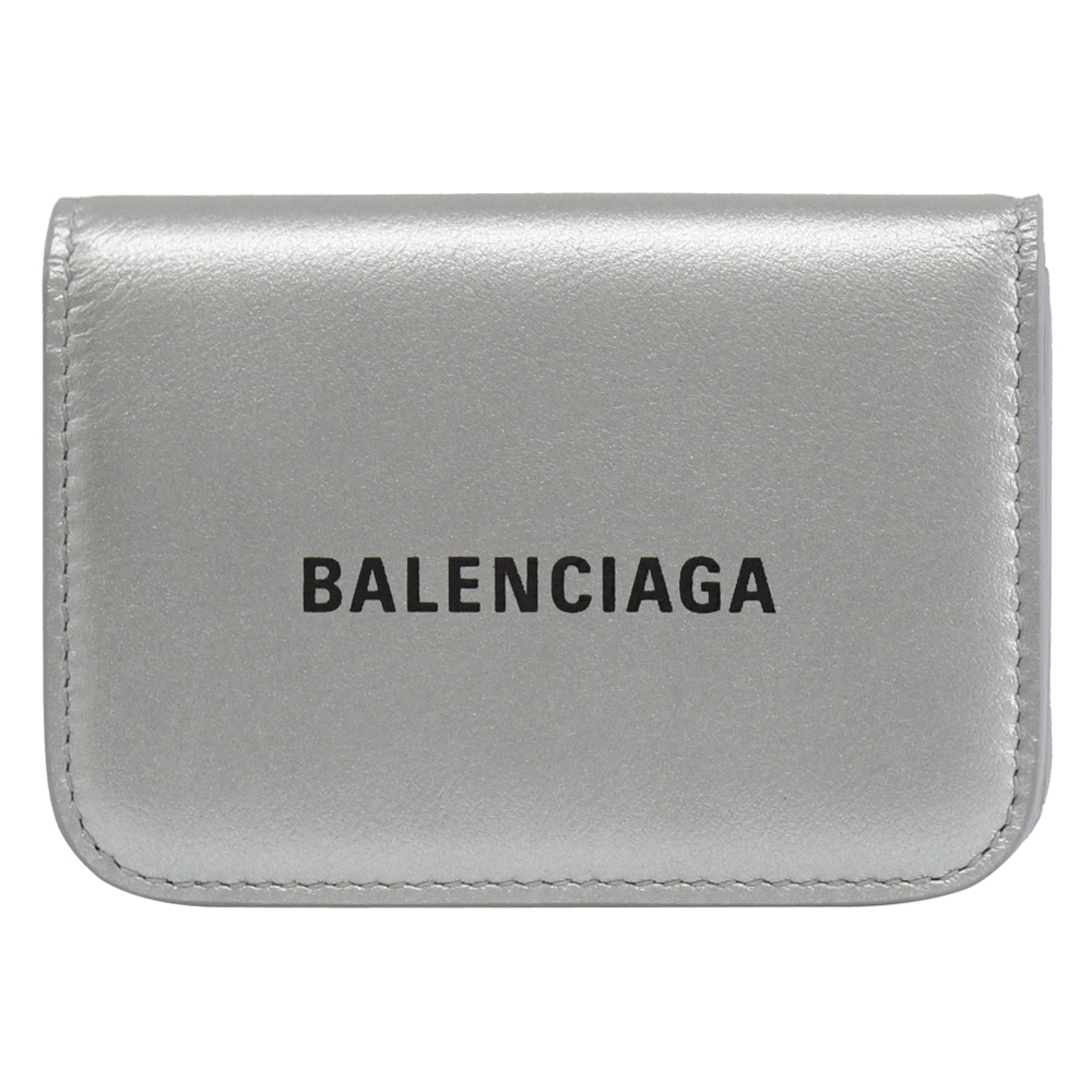 BALENCIAGA 英字LOGO小牛皮三折零錢短夾(銀)