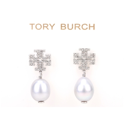 TORY BURCH Kira 雙T鑽珍珠綴飾穿針式耳環(銀色)