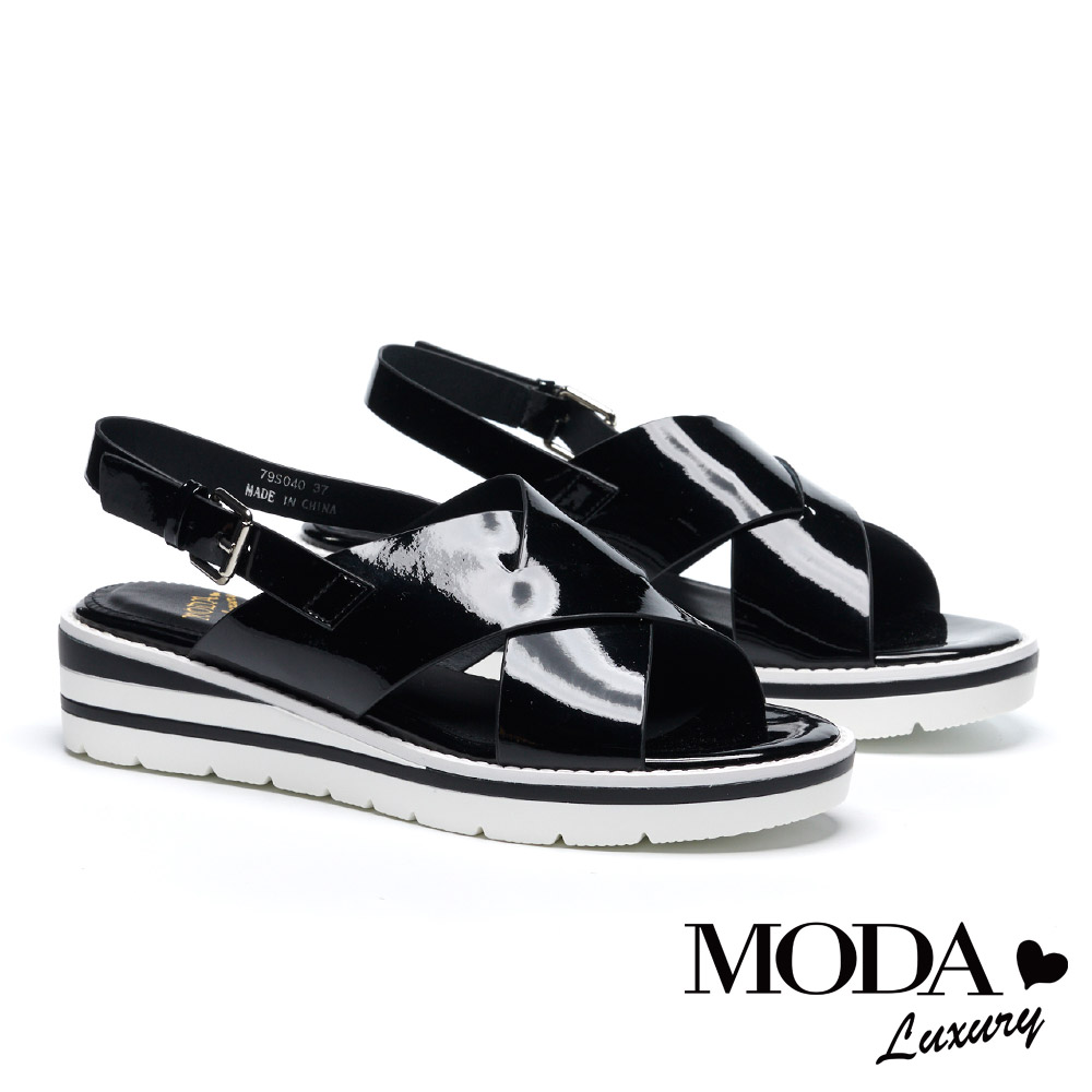 涼鞋 MODA Luxury 潮流鏡面交叉帶設計撞色厚底涼鞋－黑