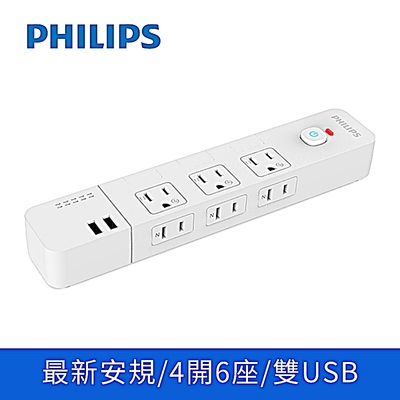 Philips 飛利浦4切6座+雙USB延長線 1.8M 兩色可選-CHP4760