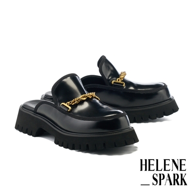 穆勒鞋 HELENE SPARK 懷舊時髦感麻花鏈亮感牛皮厚底穆勒拖鞋－黑