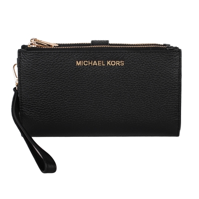 MICHAEL KORS 金LOGO皮革雙層拉鍊釦式掛帶手拿包(黑)