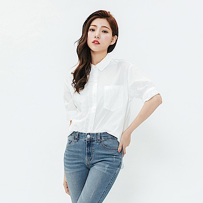 H:CONNECT 韓國品牌 女裝-繡花特色短袖襯衫-白