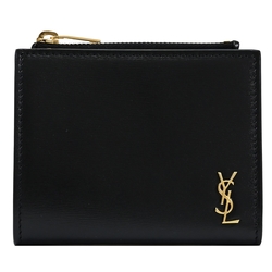 YSL Saint Laurent 復古金屬LOGO荔枝紋小牛皮釦式零錢短夾(黑)