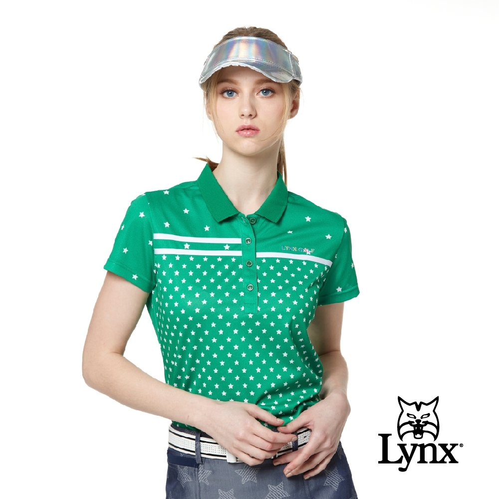 【Lynx Golf】女款吸濕排汗滿版星星印花織帶設計短袖POLO衫-綠色