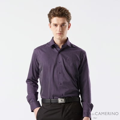 【ROBERTA 諾貝達】男裝 紫黑色條紋長袖襯衫-精梳棉-台灣製
