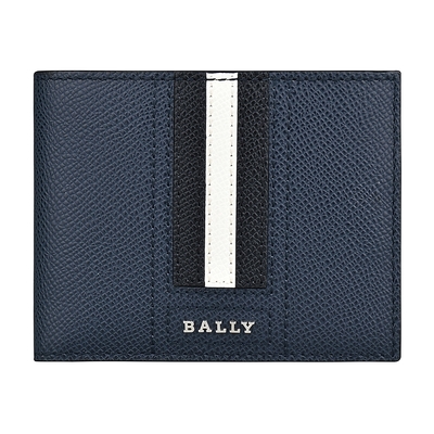 BALLY TVEYE銀字字母LOGO防刮牛皮6卡對折短夾(深藍x黑白黑條紋)