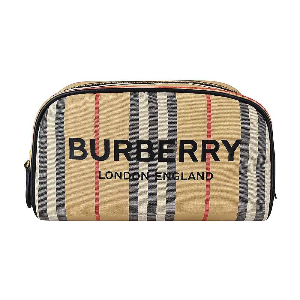 BURBERRY黑字印花LOGO條紋設計尼龍拉鍊旅行包(小/典藏米)