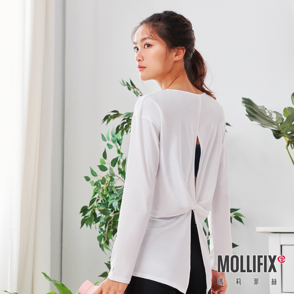 Mollifix 瑪莉菲絲 美背扭結長袖訓練上衣 (白)