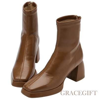 【Grace Gift】小貓聯名-法式優雅珍珠拉鏈防水台高跟短靴 棕
