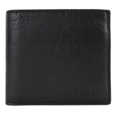 COACH 素面皮革雙折短夾(8卡)((黑)(展示品)