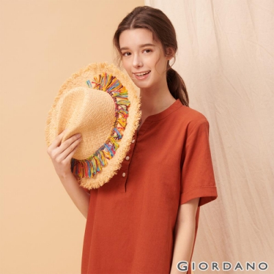 GIORDANO 女裝自然棉麻系列亨利領短袖連身裙-25 夕陽紅