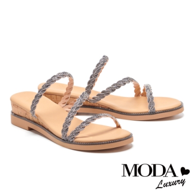 拖鞋 MODA Luxury 異國度假風金蔥麻花繫帶楔型拖鞋－古銅