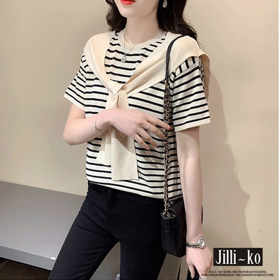 JILLI-KO 假披肩造型經典條紋冰絲針織衫- 杏色