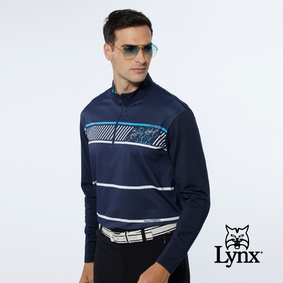 【Lynx Golf】男款吸濕排汗厚款極簡風線條印花長袖立領POLO衫-深藍色