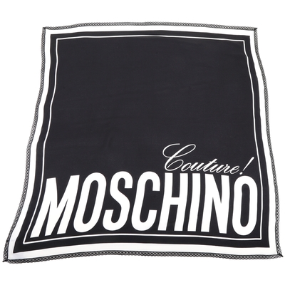 MOSCHINO 字母蕾絲邊黑白色雪紡感真絲方巾(90x90)